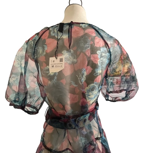 ZARA Black Pink Green Organza Dress Size Medium - Picture 8 of 15